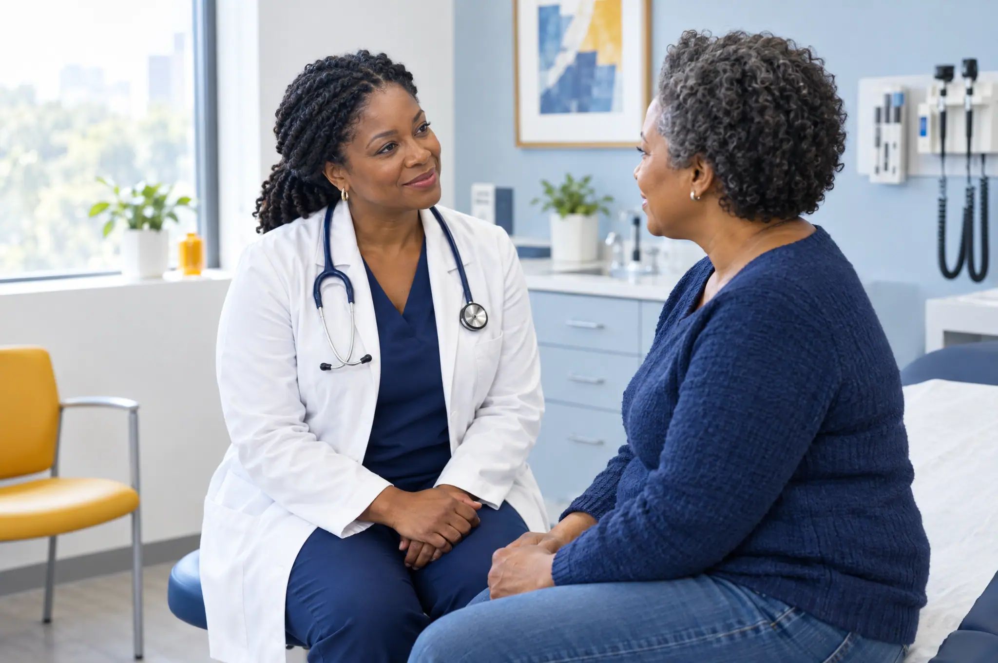 An internal medicine physician talking with a patient in a primary care exam room